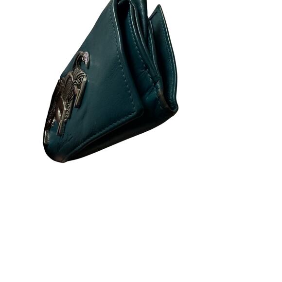 Rare Vintage Laurel Burch Teal Leather Wallet with Silver Horse Motif Trifold - Picture 4 of 8